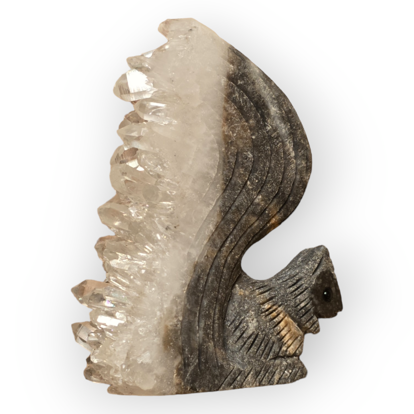 Hand-Carved Squirrel Figurine with Quartz Cluster Tail