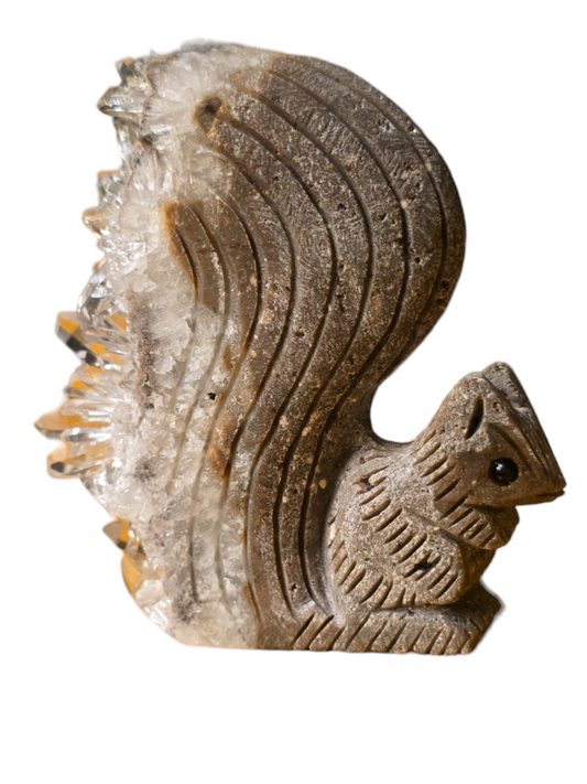 Hand-Carved Squirrel Figurine with Quartz Cluster Tail