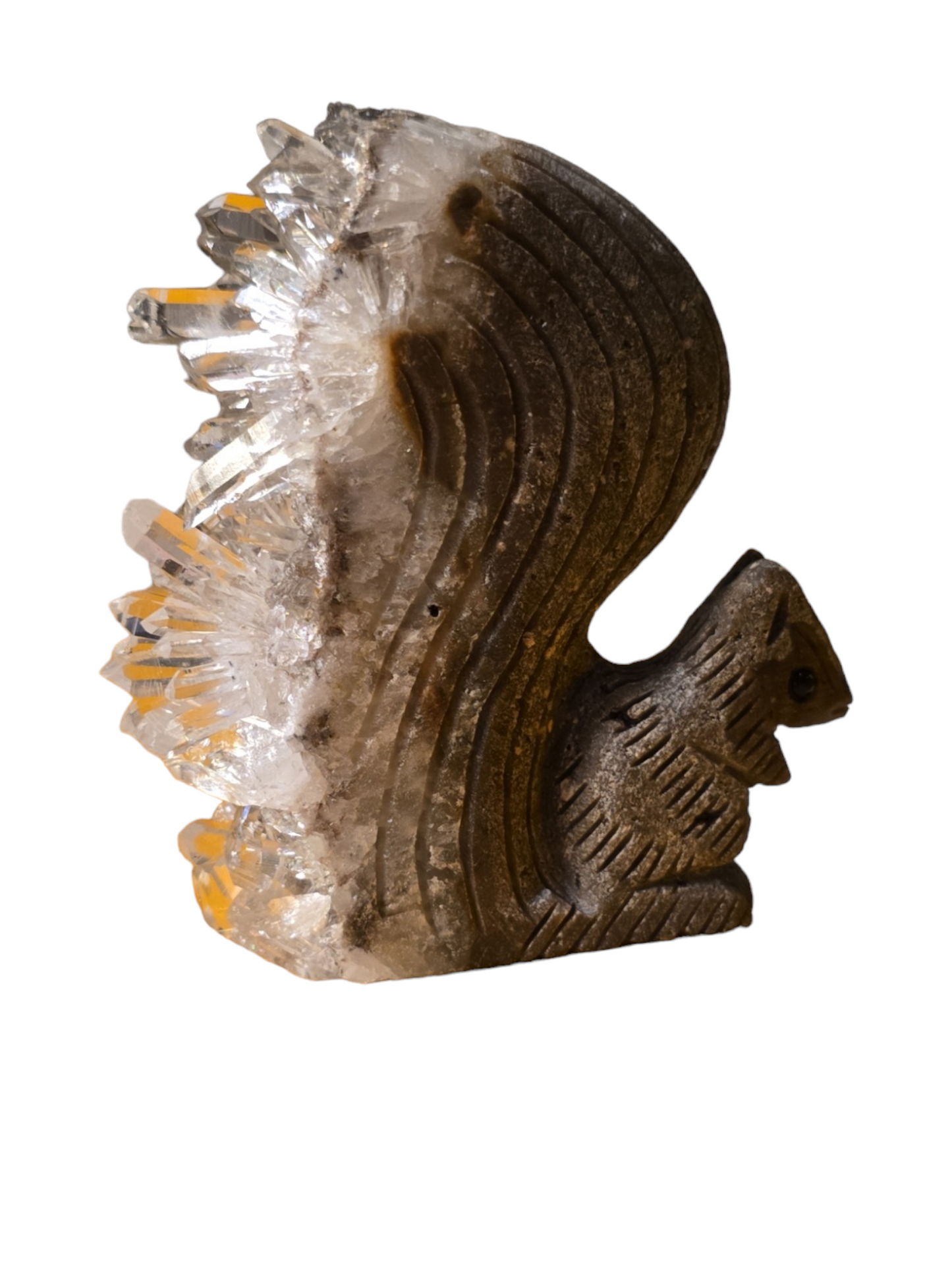 Hand-Carved Squirrel Figurine with Quartz Cluster Tail