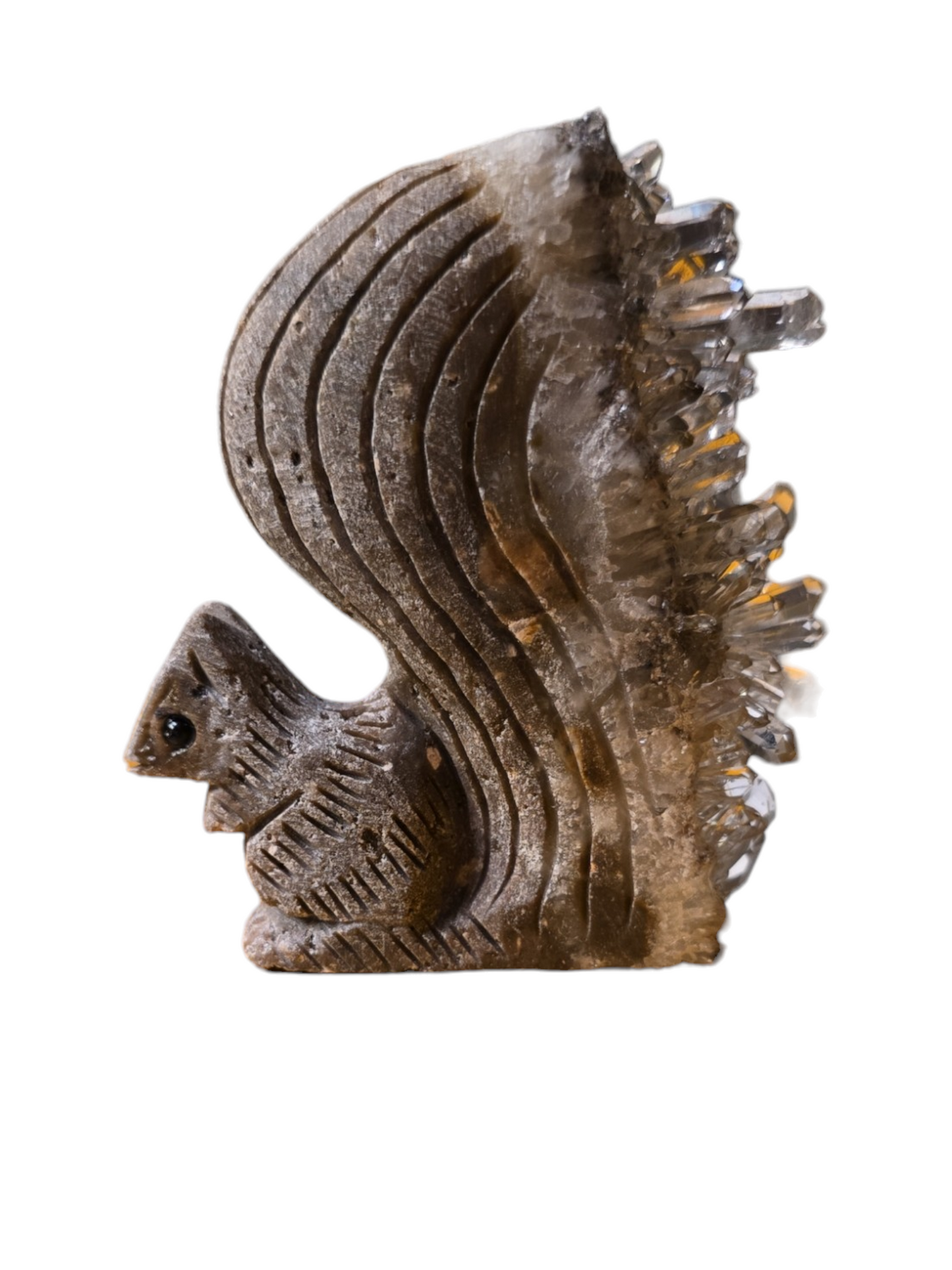 Hand-Carved Squirrel Figurine with Quartz Cluster Tail