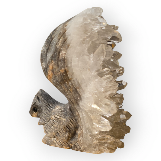 Hand-Carved Squirrel Figurine with Quartz Cluster Tail