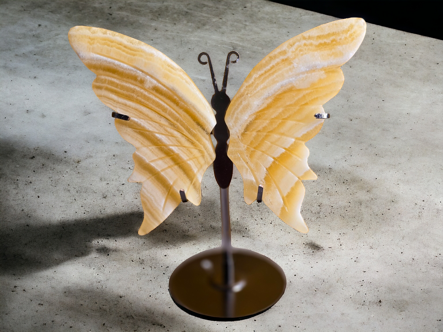 Banded Yellow Calcite Butterfly Wings with Stand