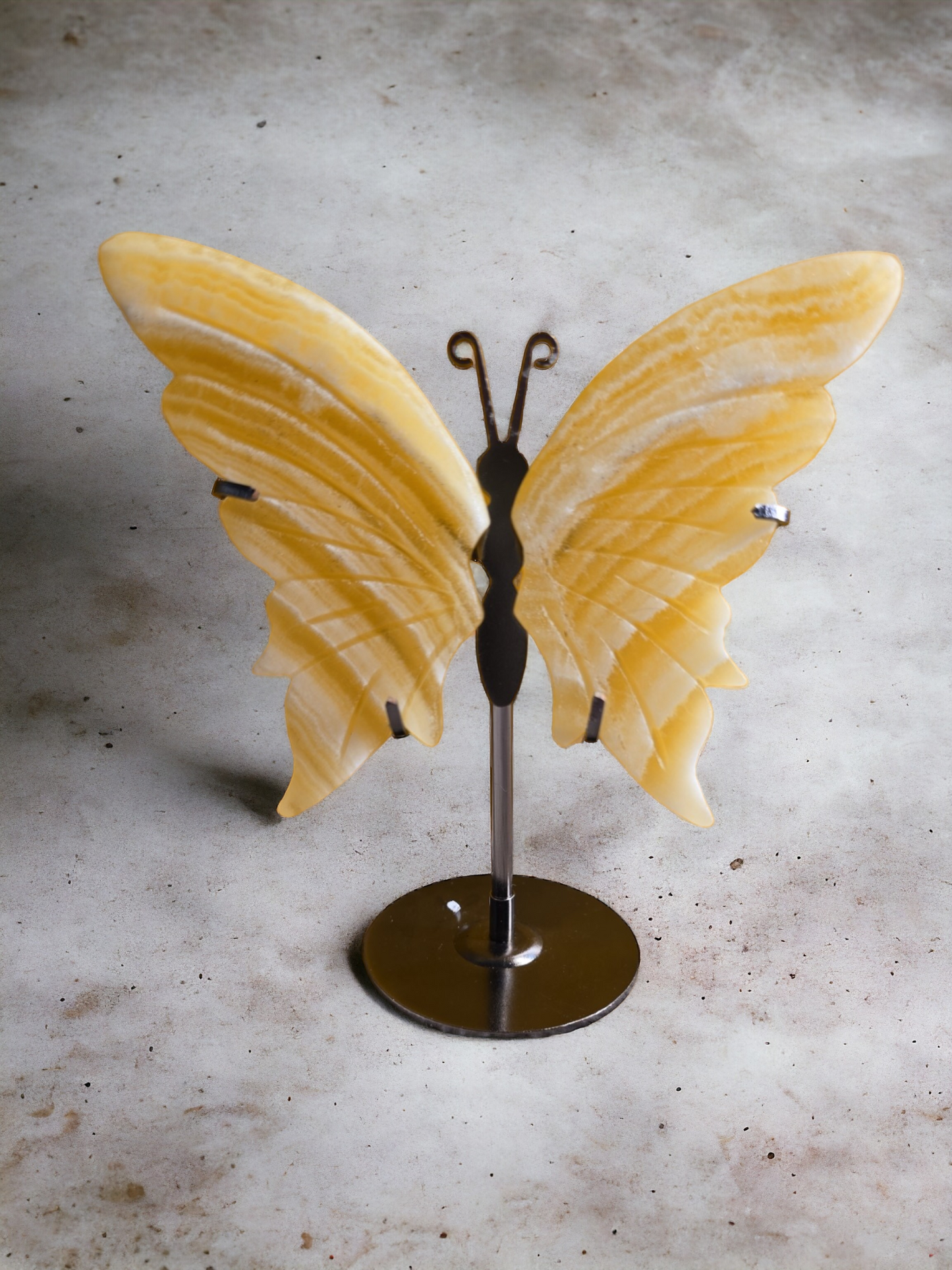 Banded Yellow Calcite Butterfly Wings with Stand